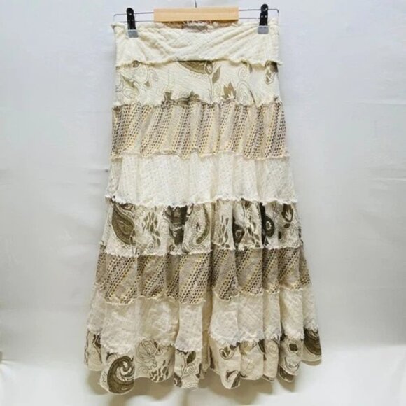 Tokyo Denim Bank Midi Skirt Women's Medium Beige Gold Lined Layered Boho Western - Picture 6 of 10